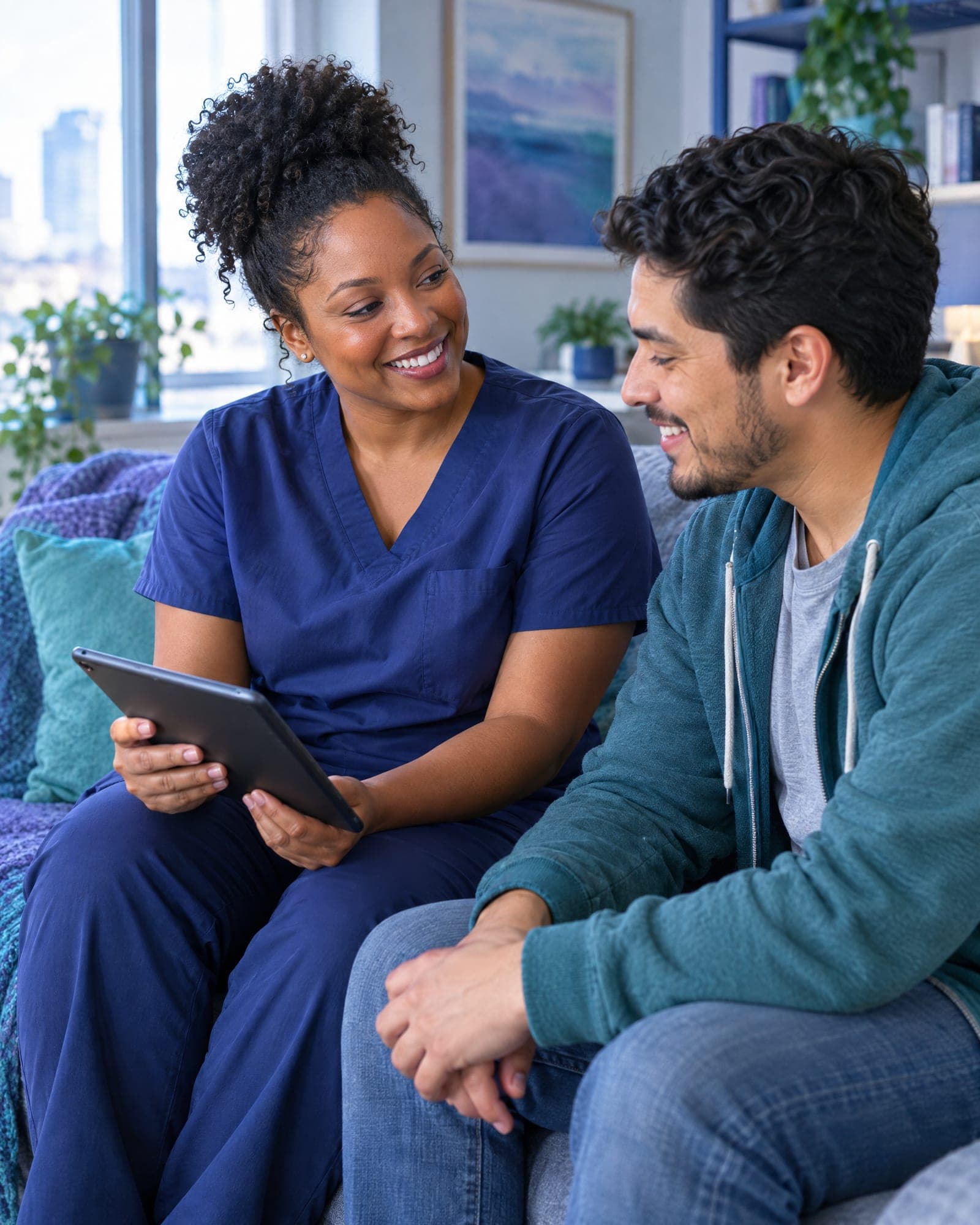 Two people smile at each other on a sofa in a bright living room; one, in navy scrubs, holds a tablet.